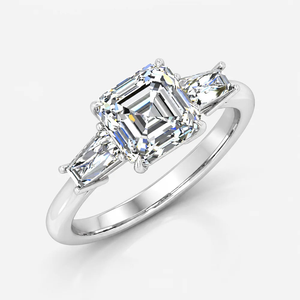 IGI Certified Lab Grown Asscher-Cut Diamond Three-Stone Engagement Ring with Tapered Baguette Side Stones in Gold & Platinum