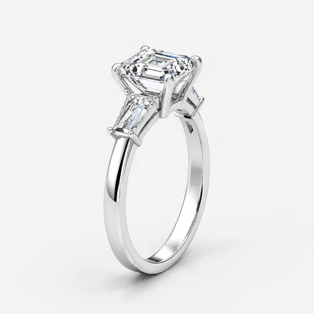 IGI Certified Lab Grown Asscher-Cut Diamond Three-Stone Engagement Ring with Tapered Baguette Side Stones in Gold & Platinum