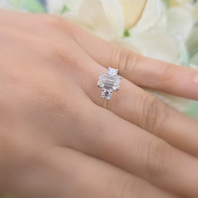 1.50 Carat D/VS Lab Grown Emerald & Round Diamond Trilogy Ring In 950 Platinum