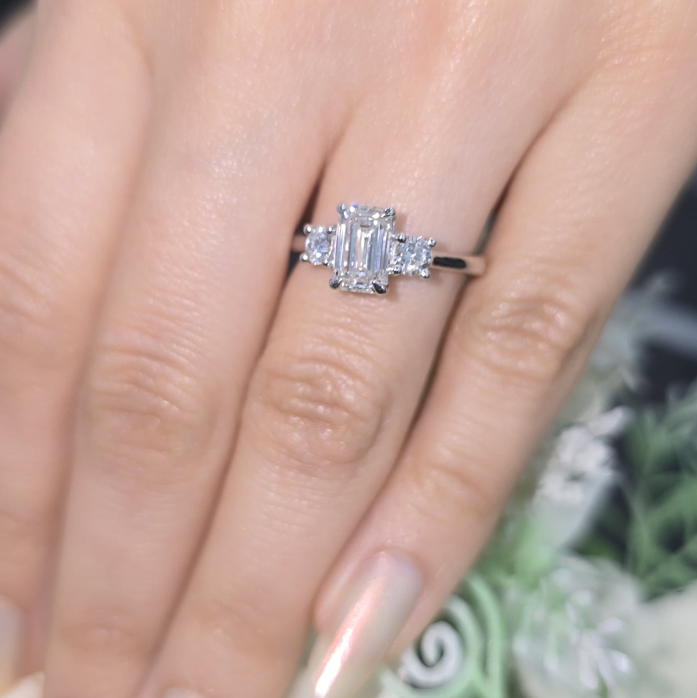 1.50 Carat D/VS Lab Grown Emerald & Round Diamond Trilogy Ring In 950 Platinum
