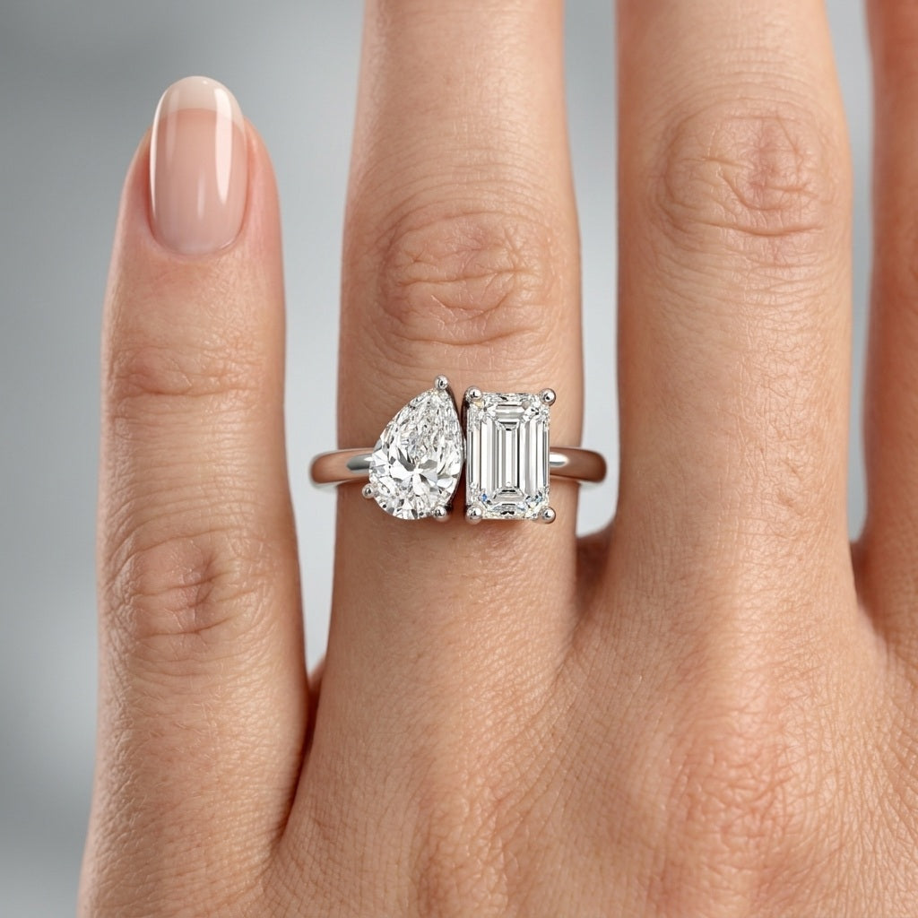 IGI Certified 2.00 Carat F/VS Emerald & Pear Diamond Toi et Moi Engagement Ring – Available in Platinum or 18K Gold