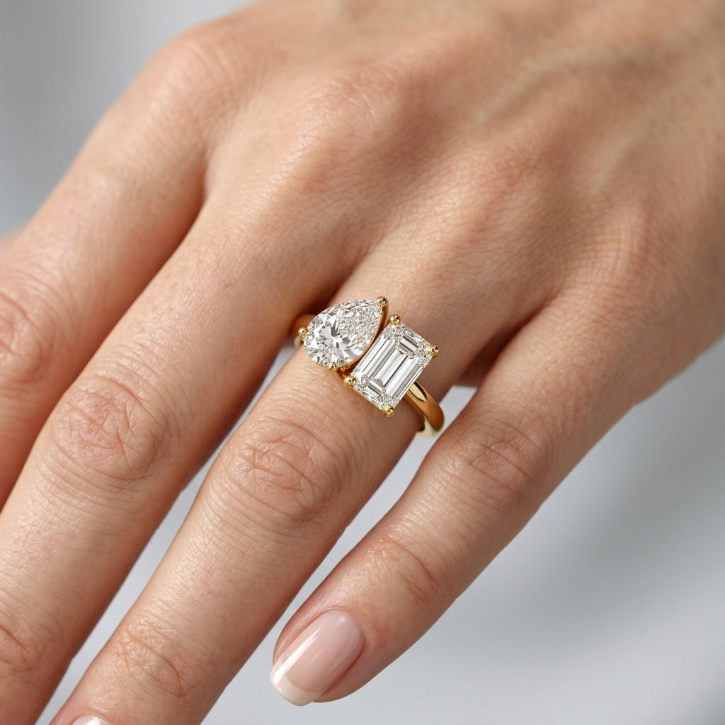 IGI Certified 2.00 Carat F/VS Emerald & Pear Diamond Toi et Moi Engagement Ring – Available in Platinum or 18K Gold
