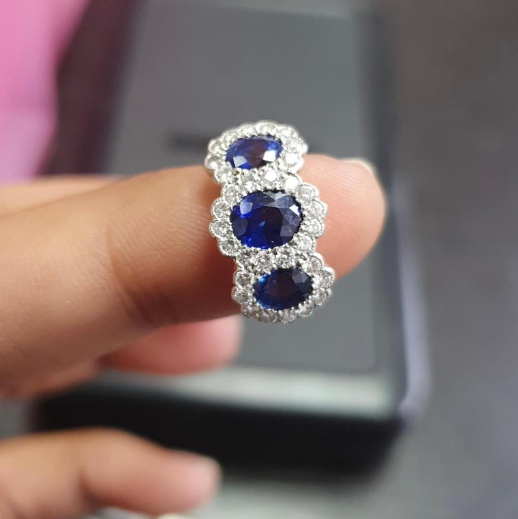 Natural Oval Sapphire Halo Set Trilogy Vintage Engagement Ring In Gold & Platinum