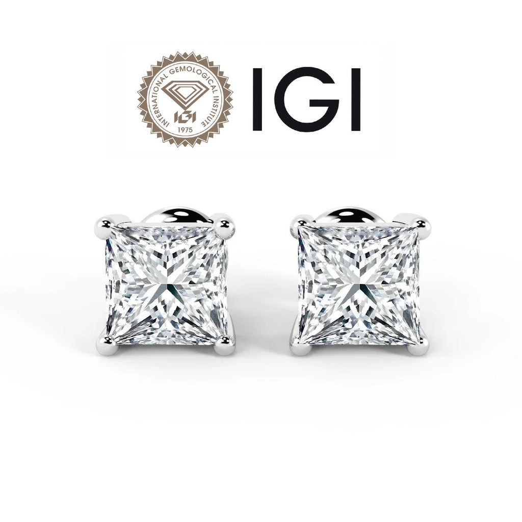 Princess Cut Diamond Stud Earrings E / VVS2 4.00 Carat  IGI Certified Lab Grown Diamond In 9K White Gold