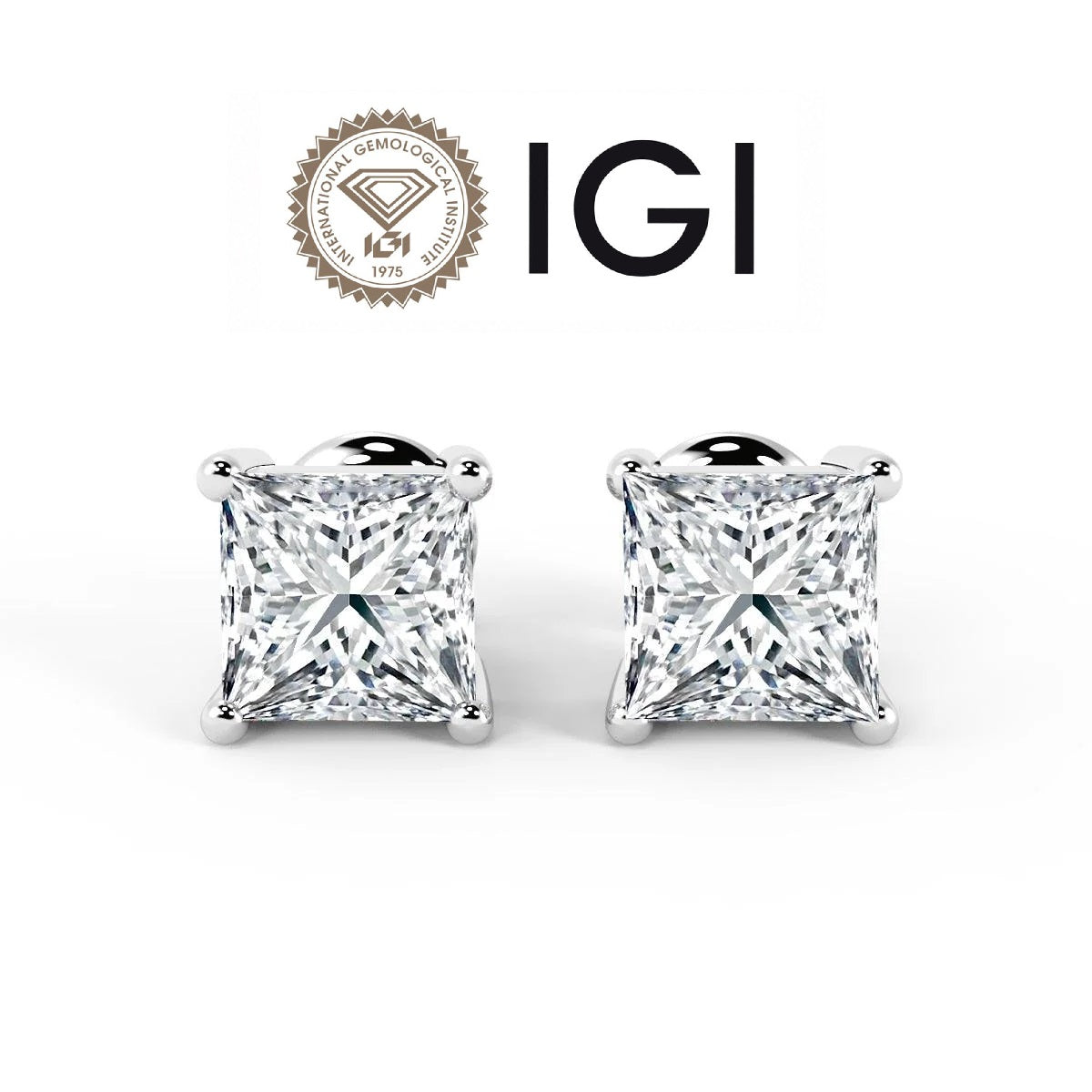 Princess Cut Diamond Stud Earrings E / VVS2 4.00 Carat  IGI Certified Lab Grown Diamond In 9K White Gold