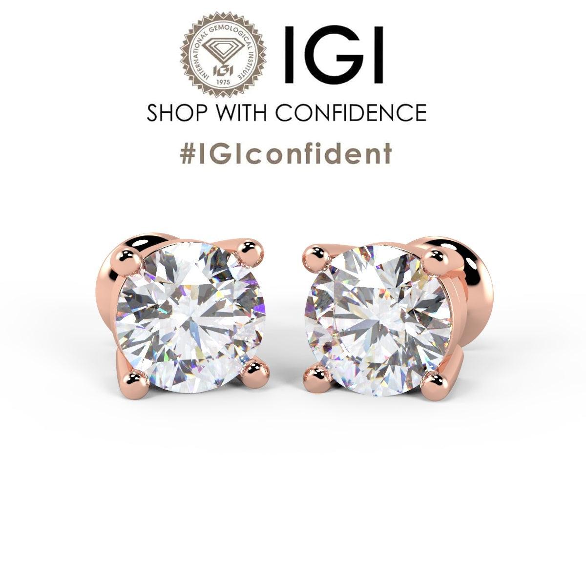 IGI Certified Round lab Diamond Stud Earrings in 18k Rose Gold 2ct-4ct E/VS
