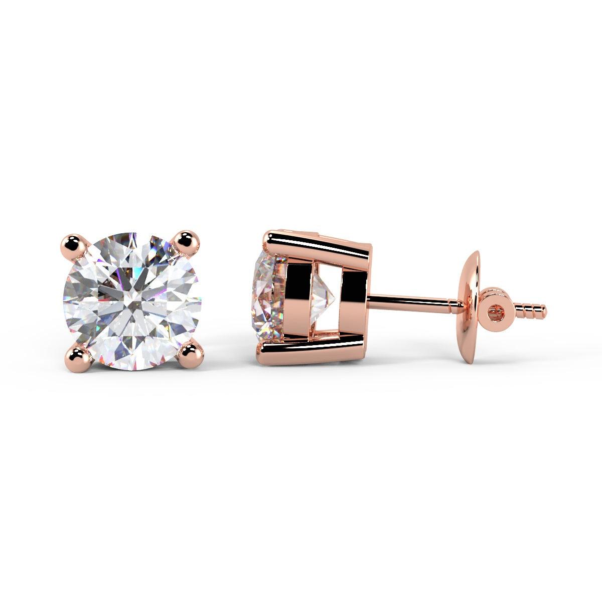 IGI Certified Round lab Diamond Stud Earrings in 18k Rose Gold 2ct-4ct E/VS