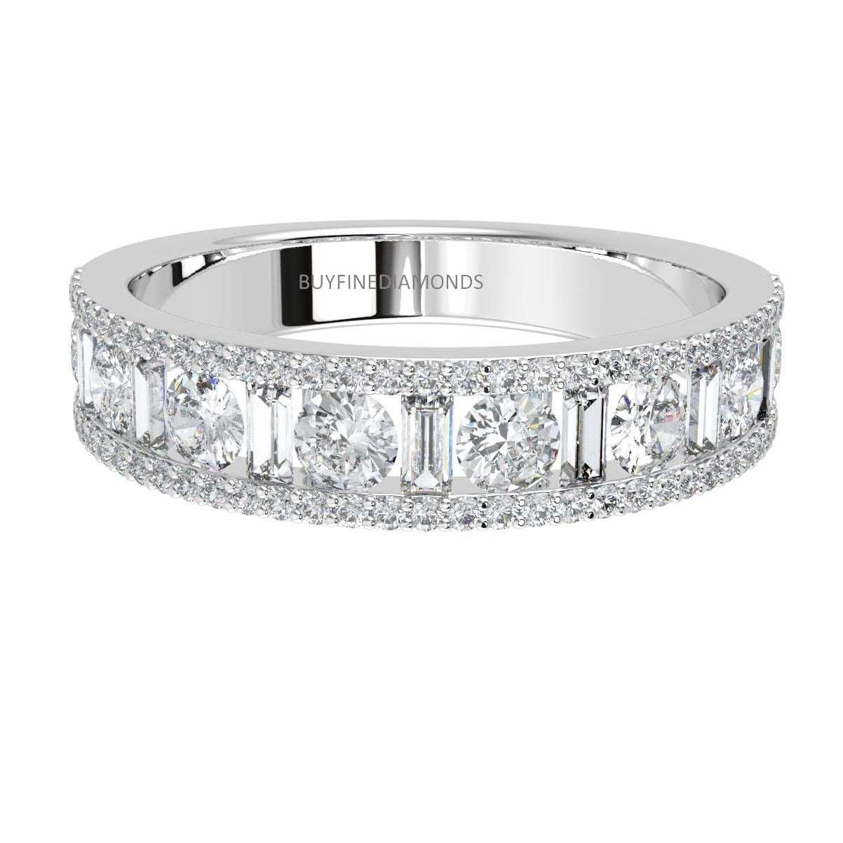 3 Row Baguette and Round Diamond Half Eternity Ring in Platinum & 18k Gold 1.00ct - 2.00ct