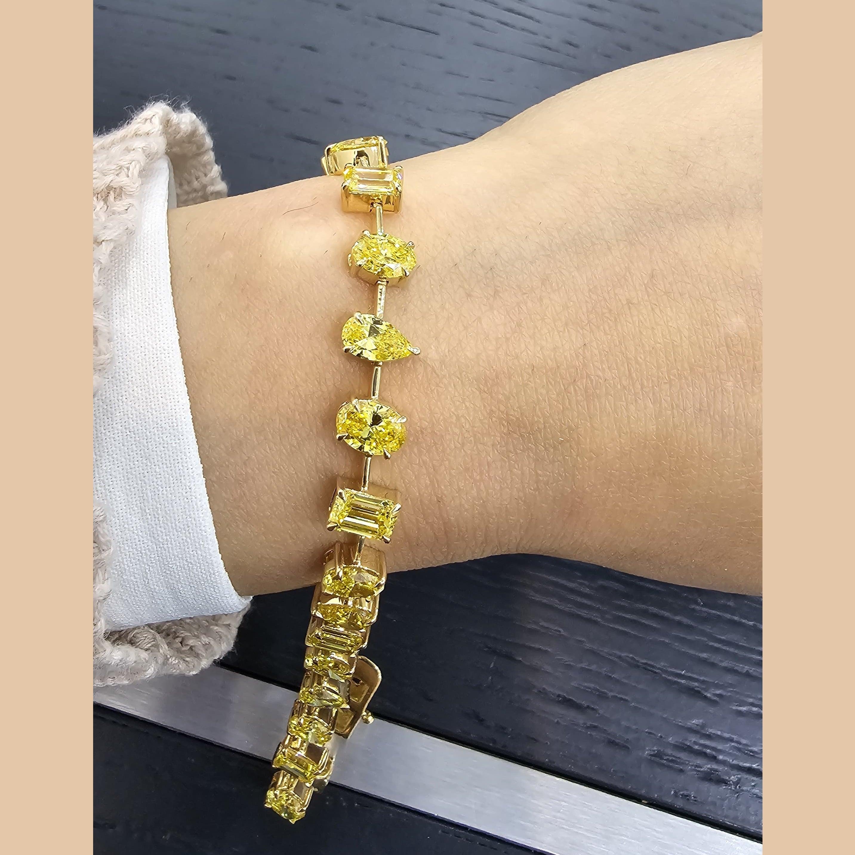 12.04Ct, Multi Shape Fancy Vivid Yellow Diamond Tennis Bracelet In 18K Yellow Gold - 15Grams
