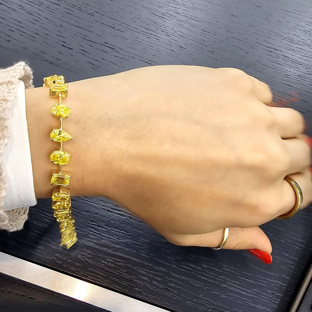 12.04Ct, Multi Shape Fancy Vivid Yellow Diamond Tennis Bracelet In 18K Yellow Gold - 15Grams