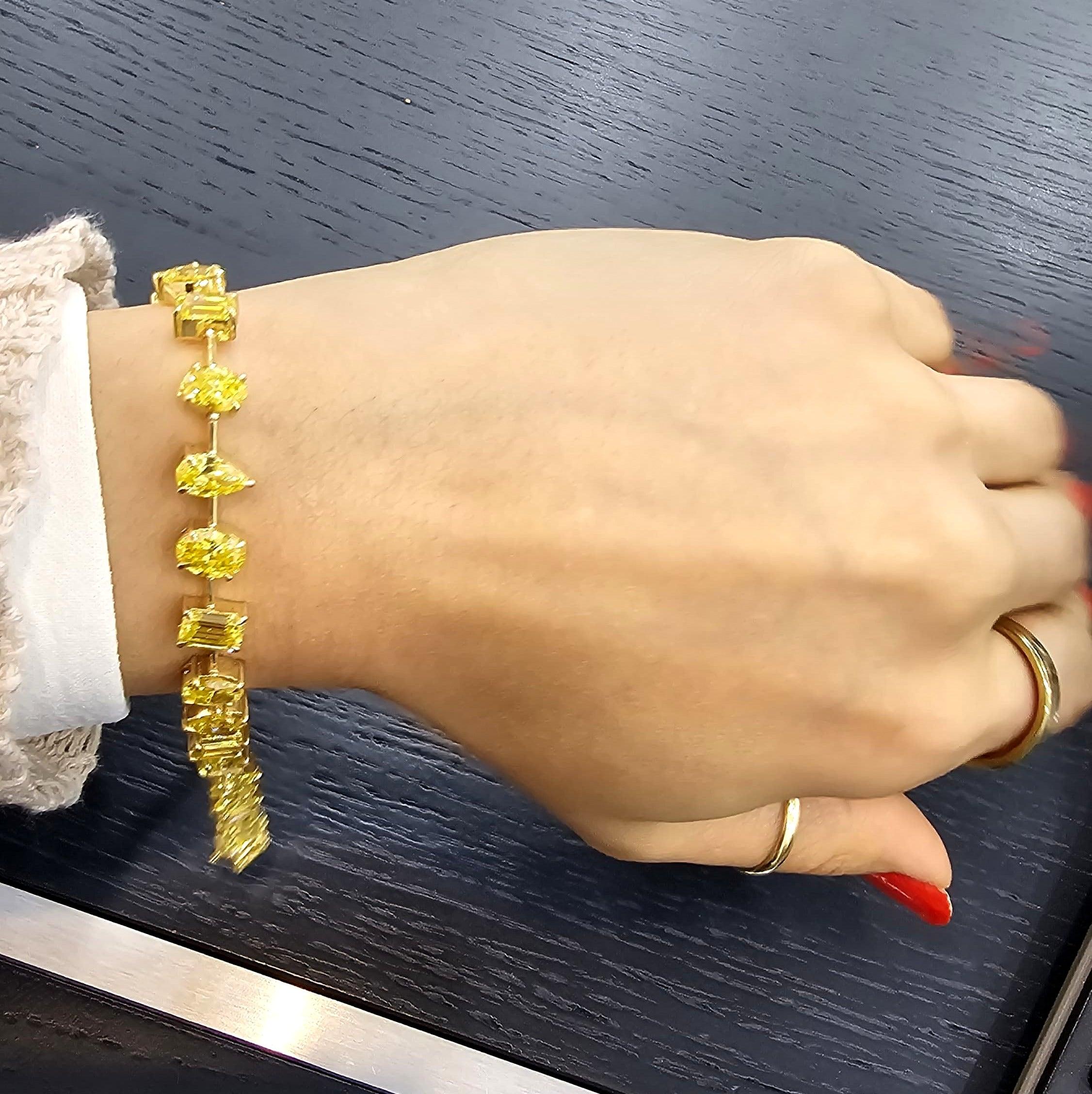 12.04Ct, Multi Shape Fancy Vivid Yellow Diamond Tennis Bracelet In 18K Yellow Gold - 15Grams