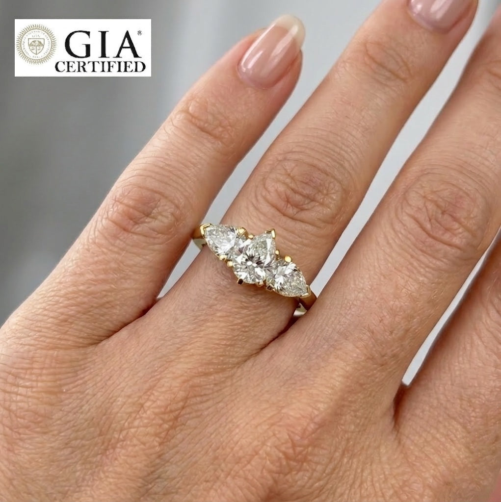 GIA Certified 1.50CT F/SI Pear Diamond Trilogy Engagement Ring