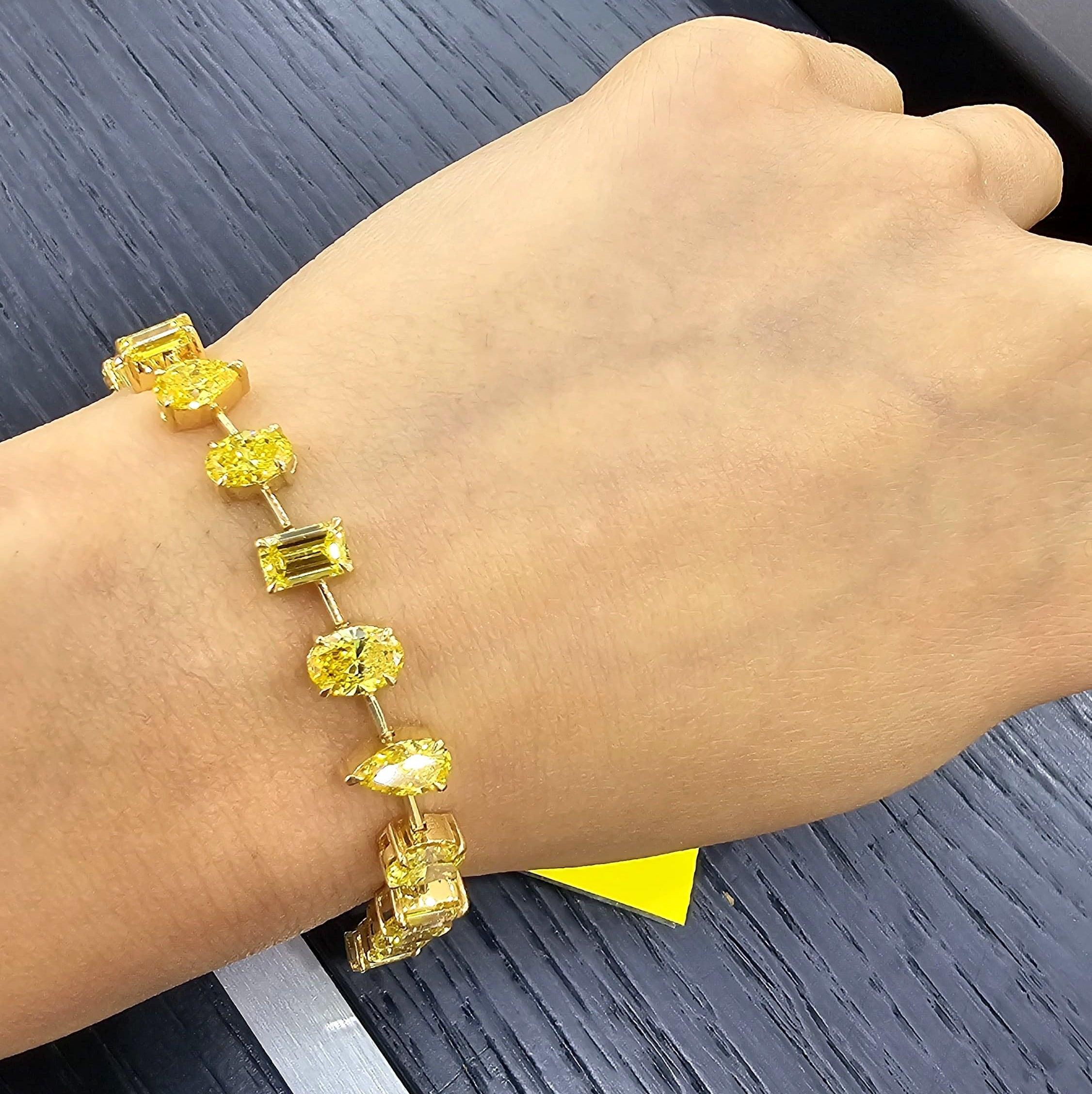 12.04Ct, Multi Shape Fancy Vivid Yellow Diamond Tennis Bracelet In 18K Yellow Gold - 15Grams
