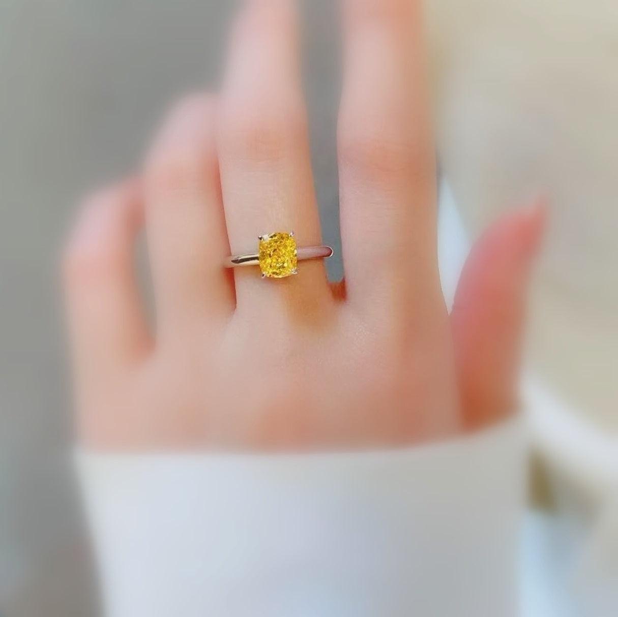 Certified 1.00CT Fancy Vivid Yellow Cushion Diamond Solitaire Ring 18k White Gold