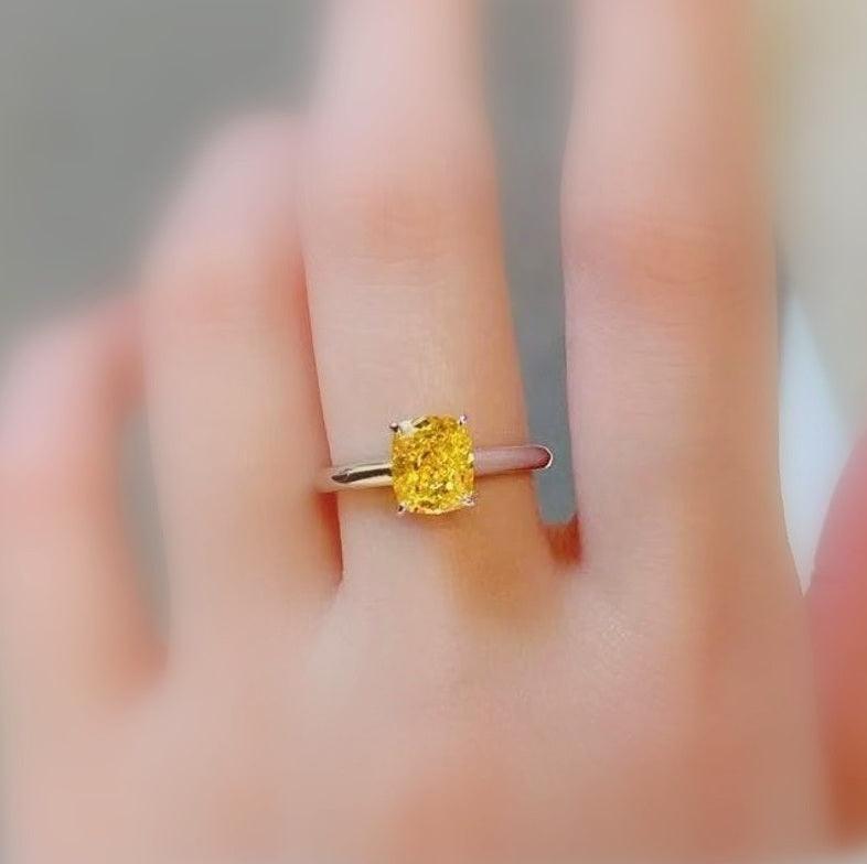 Certified 1.00CT Fancy Vivid Yellow Cushion Diamond Solitaire Ring 18k White Gold