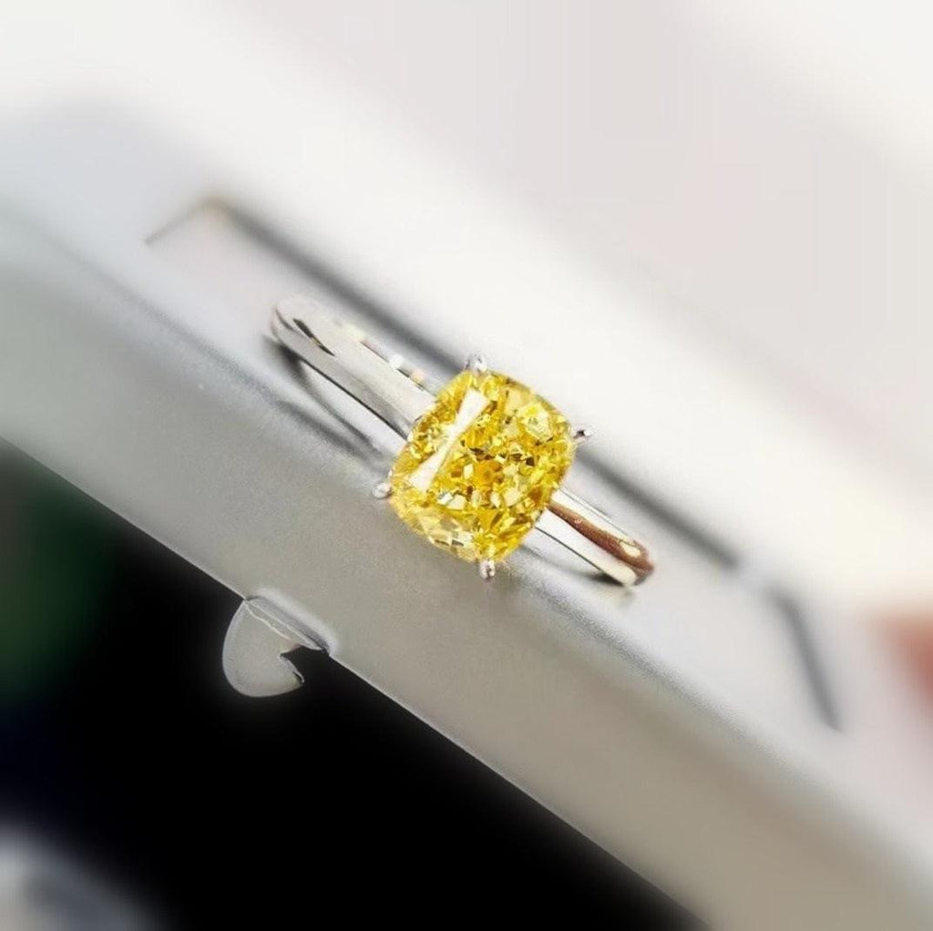 Certified 1.00CT Fancy Vivid Yellow Cushion Diamond Solitaire Ring 18k White Gold