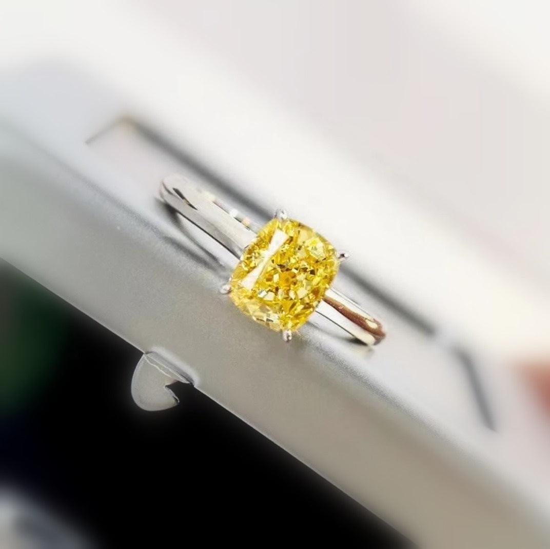 Certified 1.00CT Fancy Vivid Yellow Cushion Diamond Solitaire Ring 18k White Gold
