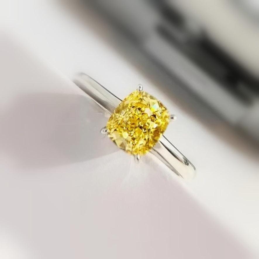 Certified 1.00CT Fancy Vivid Yellow Cushion Diamond Solitaire Ring 18k White Gold