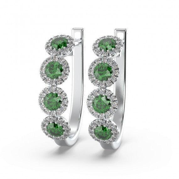 100% Natural Emerald & Diamond Halo Hoop Earrings in White Gold
