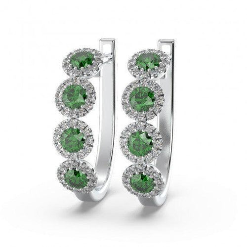 100% Natural Emerald & Diamond Halo Hoop Earrings in White Gold