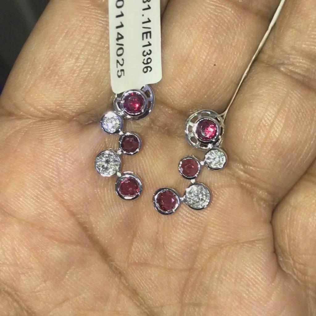 Ruby , Sapphire , Emerald & Diamond Bezel Set Bubble Earrings in White Gold
