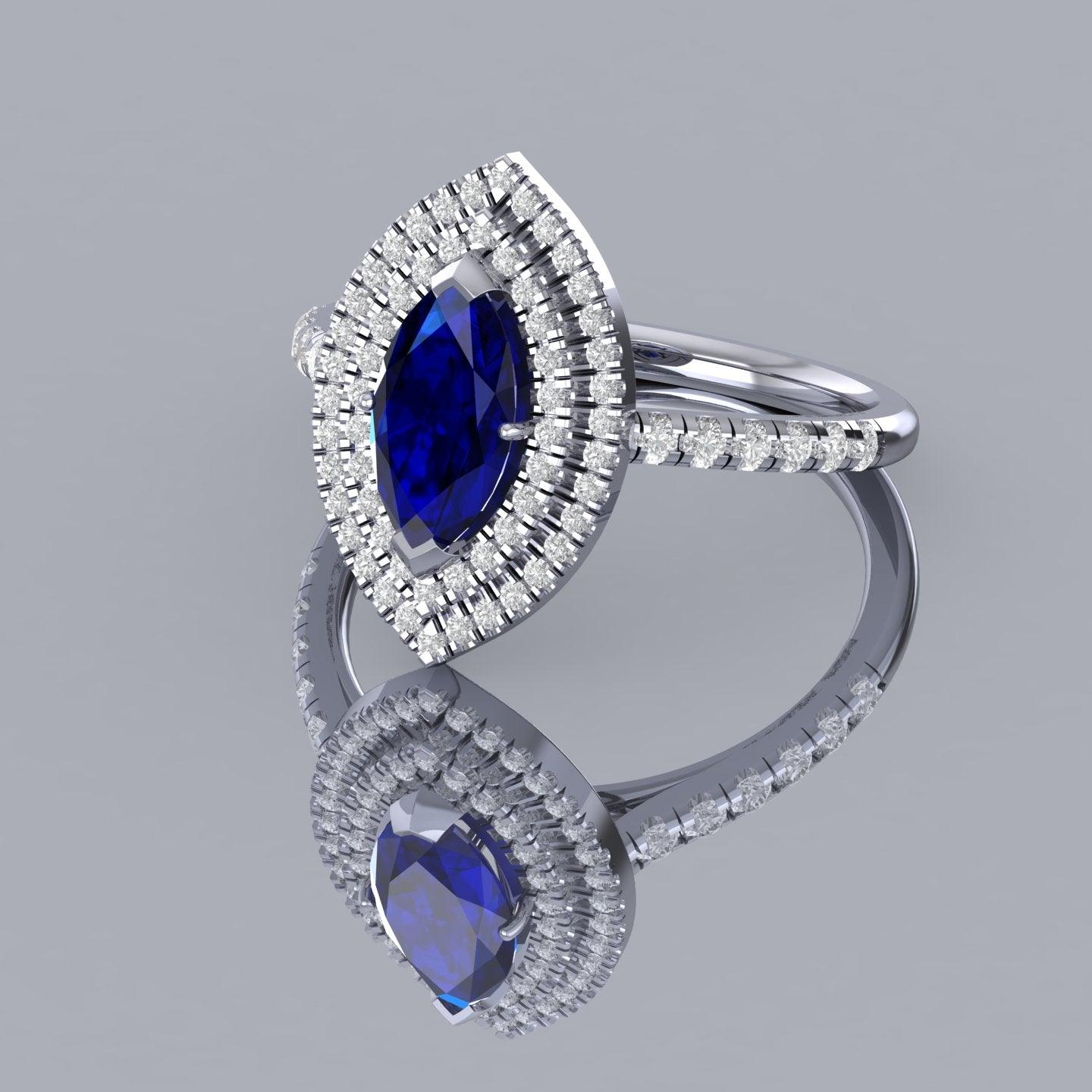 Special Offer ! 1.75Ct Tanzanite & Diamond Double Halo Engagement Ring In Heavy Platinum / 18k White Gold