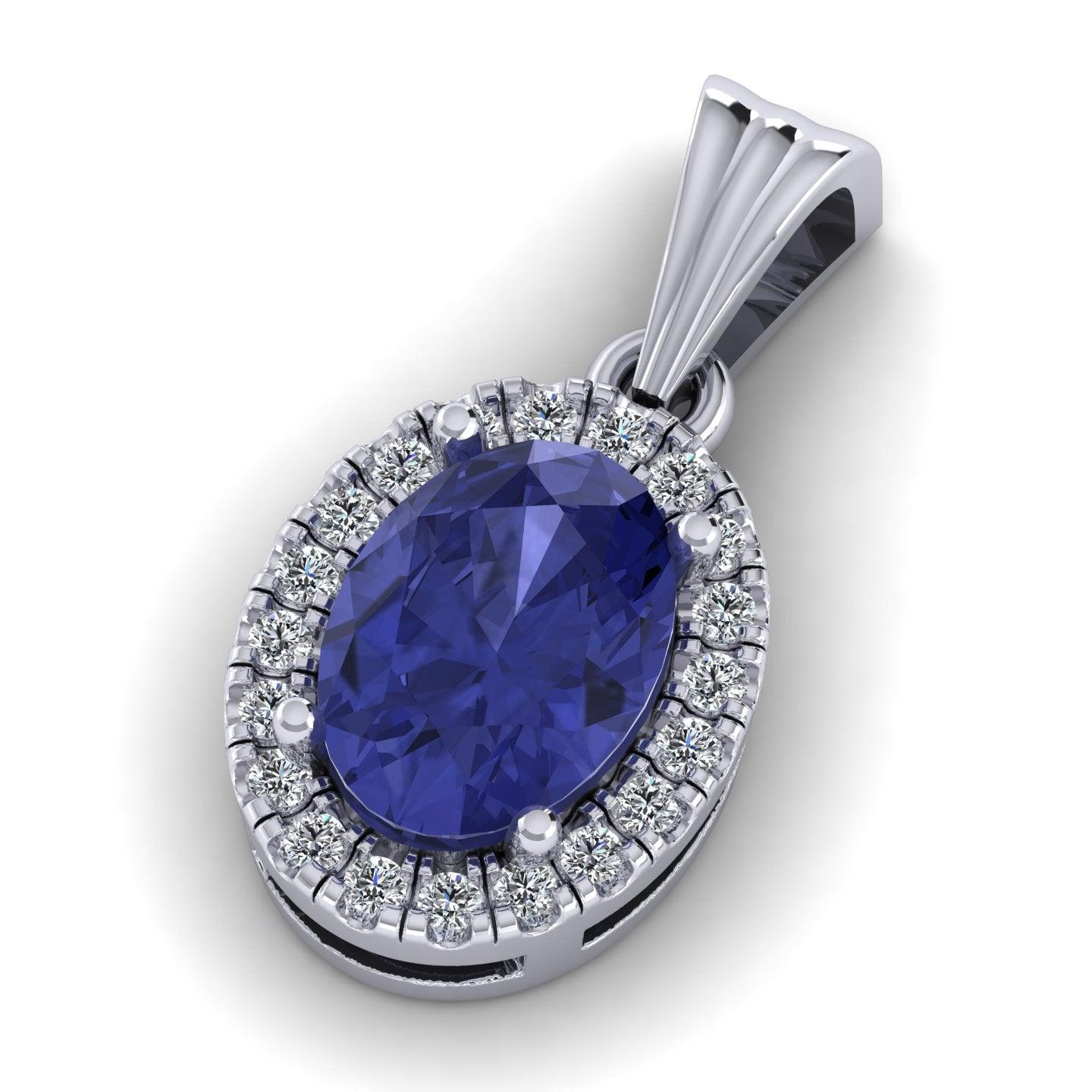 Oval Tanzanite & Round Diamond Halo Pendant In 18k White Gold - 1.75 Carat