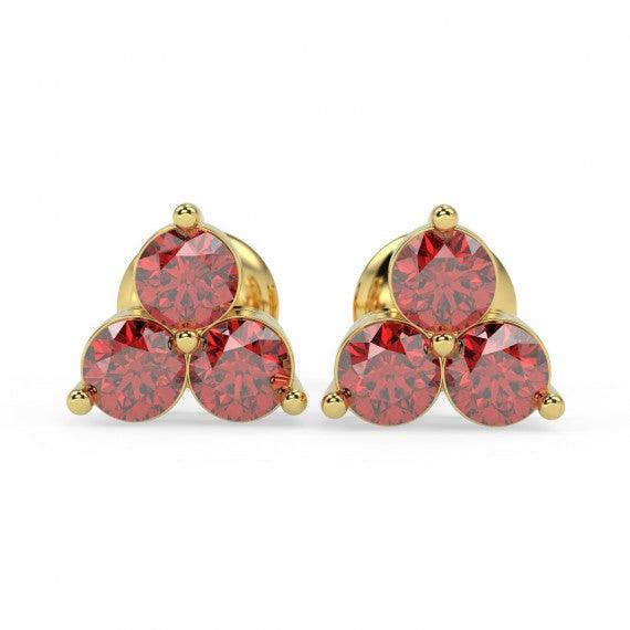 100% Natural 0.40 Ct 3 Ruby Stud Earring , Yellow Gold