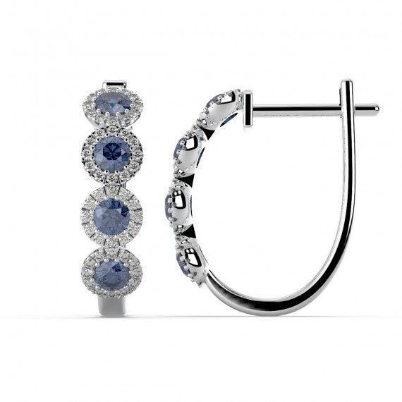 100% Natural Sapphire & Diamond Halo Hoop Earrings in White Gold