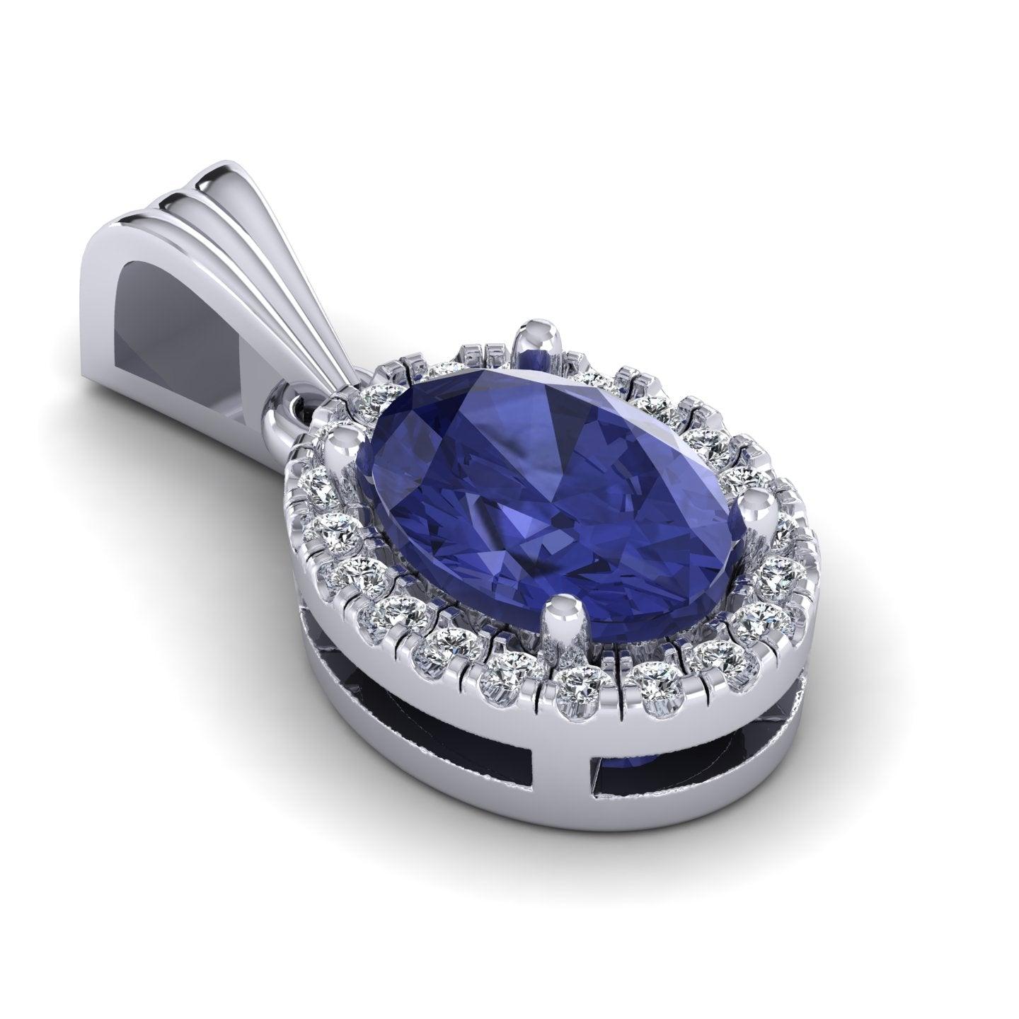 Oval Tanzanite & Round Diamond Halo Pendant In 18k White Gold - 1.75 Carat