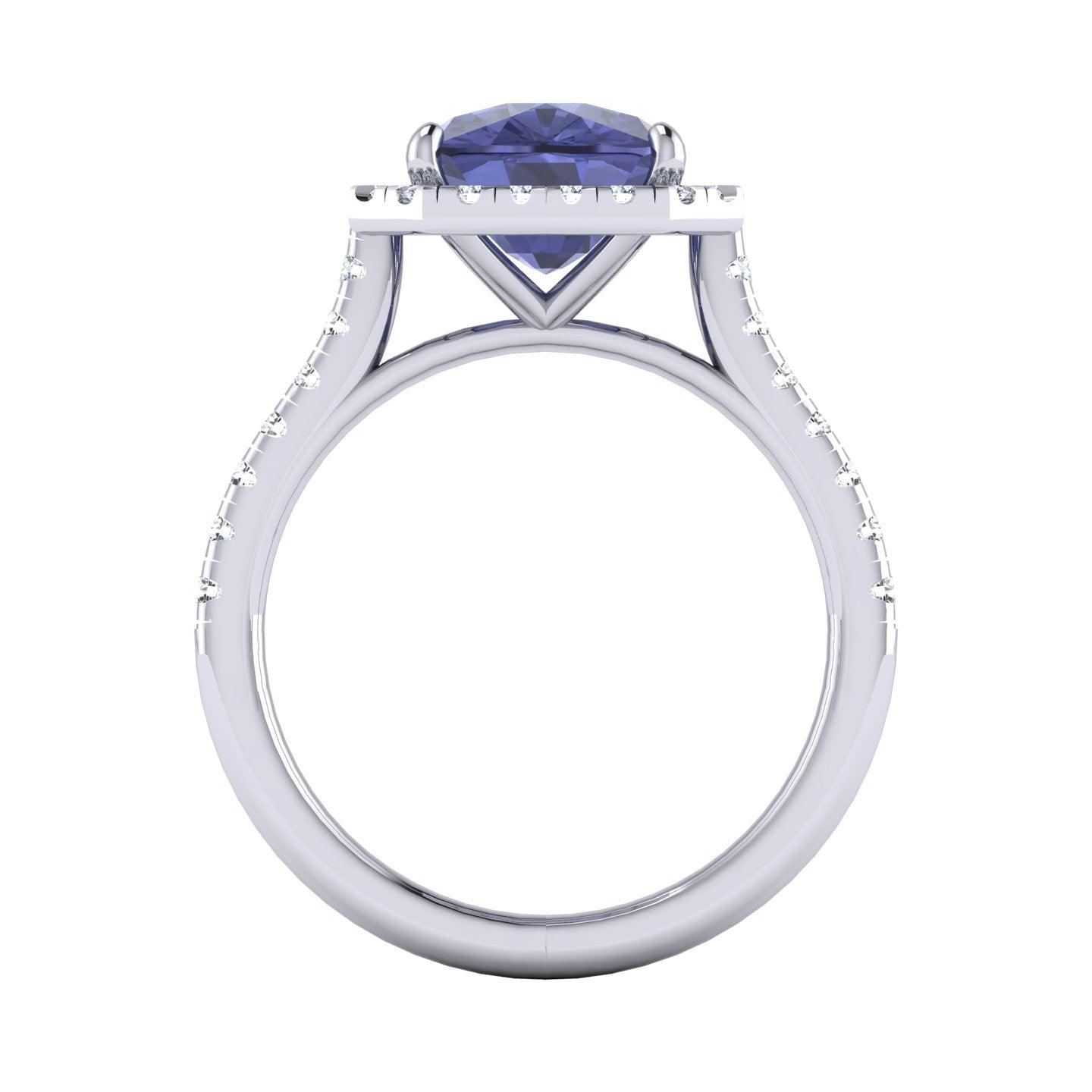 AAA 3.30 Ct Tanzanite Long Cushion & D/VS 0.52 Ct Diamond Halo Ring In Platinum