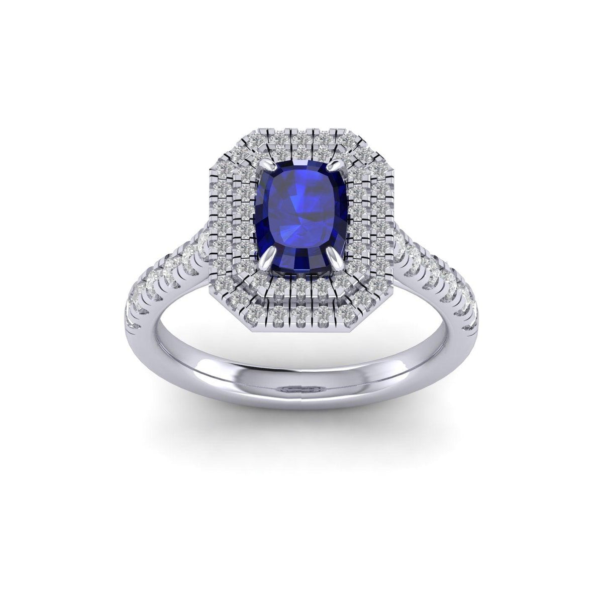2.50Ct Tanzanite Long Cushion & Diamond Double Halo Engagement Ring