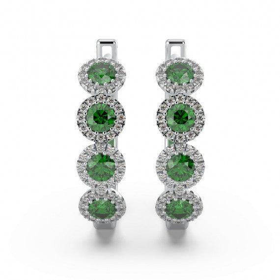100% Natural Emerald & Diamond Halo Hoop Earrings in White Gold