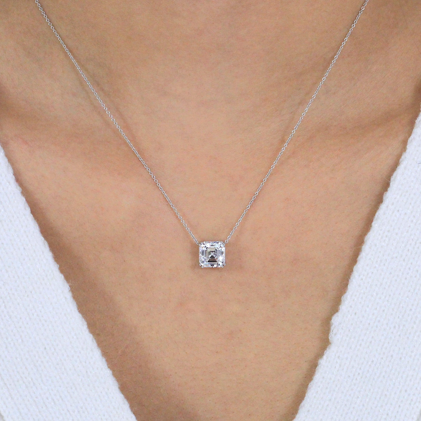 Special Offer ! Asscher Cut Solitaire Pendant Necklace in 9k White Gold - Gift for Her