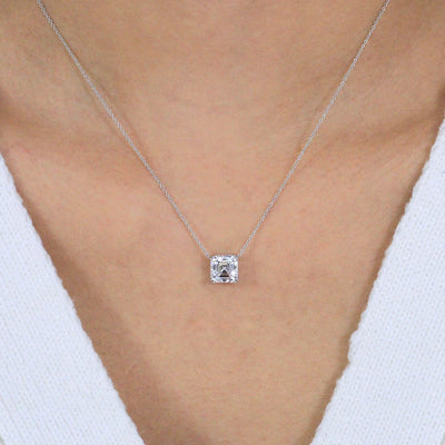 Special Offer ! Asscher Cut Solitaire Pendant Necklace in 9k White Gold - Gift for Her