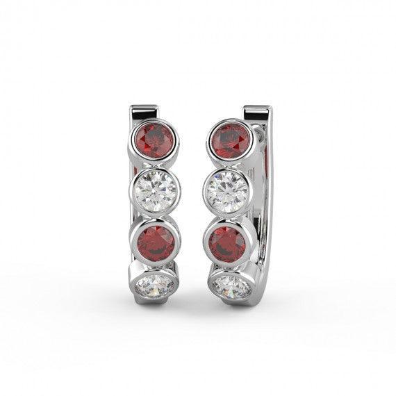 Ruby & Diamond Bezel Set Hoop Earrings in White Gold
