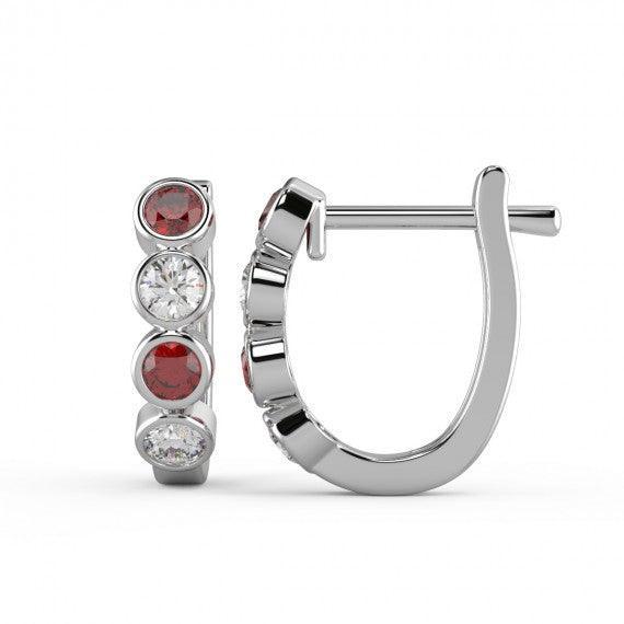 Ruby & Diamond Bezel Set Hoop Earrings in White Gold