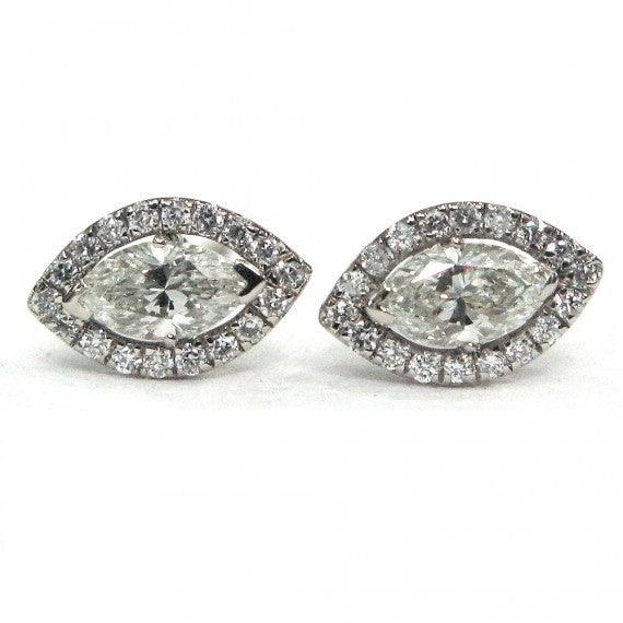 Marquise Shape Diamond Halo Earrings, 18k White Gold