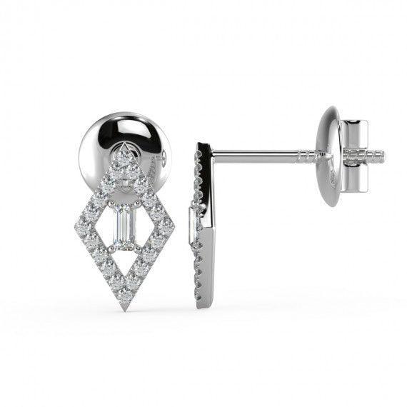 0.30 CT Round & Baguette Diamond Kite Shaped Earrings in Hallmarked 18K White Gold