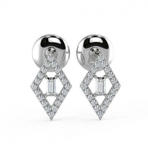 0.30 CT Round & Baguette Diamond Kite Shaped Earrings in Hallmarked 18K White Gold
