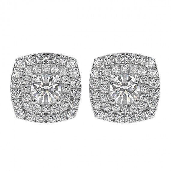Cushion Shaped Design Double Halo Earring in 18k White Gold