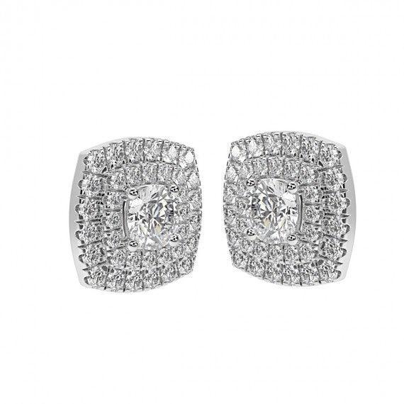 Cushion Shaped Design Double Halo Earring in 18k White Gold