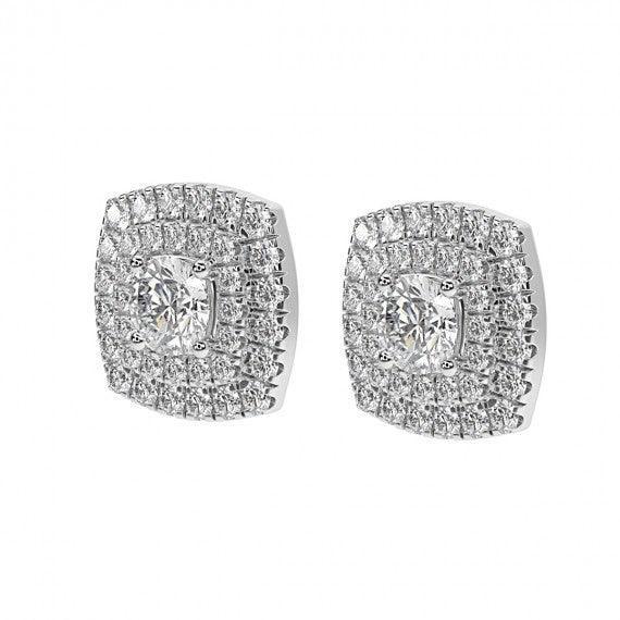 Cushion Shaped Design Double Halo Earring in 18k White Gold