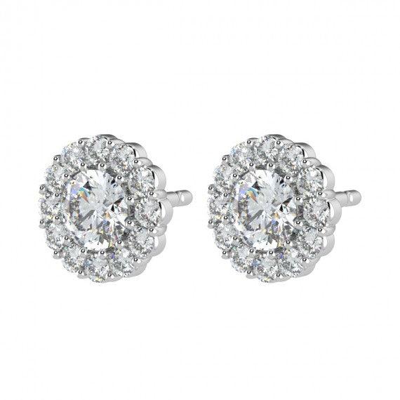 Prong Set Round Diamond Halo Earring in 18k White Gold