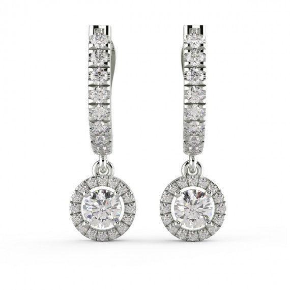 Round Diamond Dangle Drop Earrings in 18k White Gold