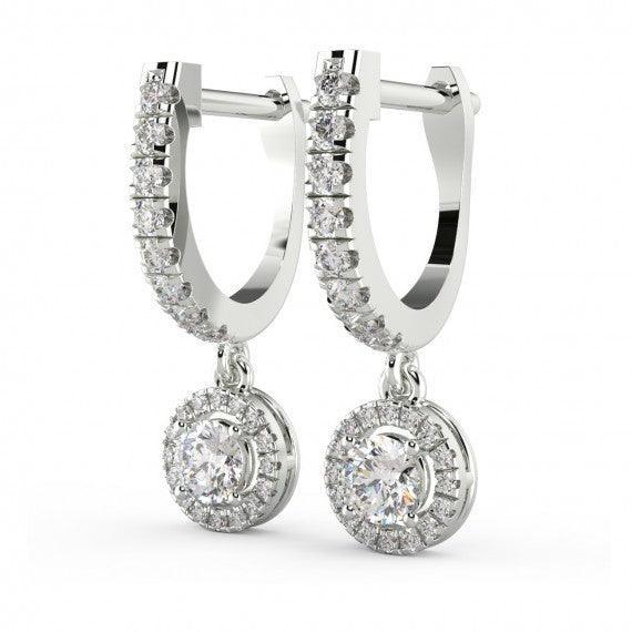 Round Diamond Dangle Drop Earrings in 18k White Gold