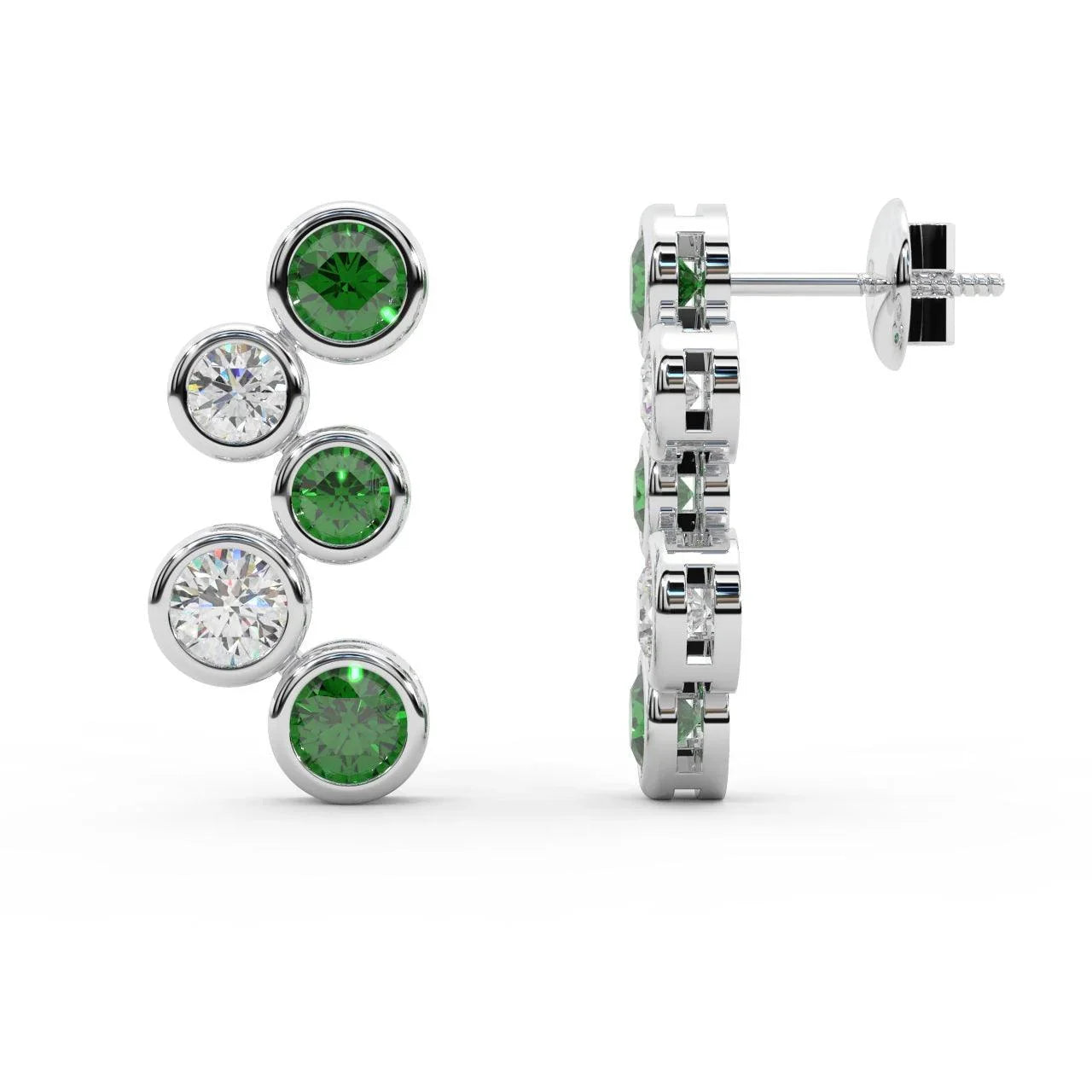 Ruby , Sapphire , Emerald & Diamond Bezel Set Bubble Earrings in White Gold