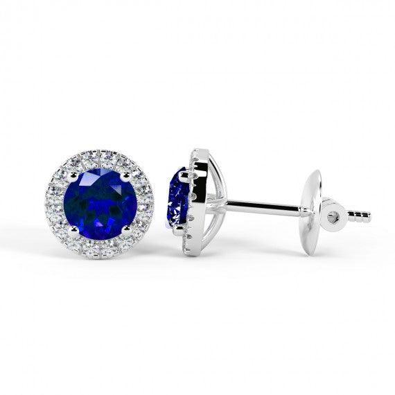 Natural Sapphire & Diamond Halo Set Earrings, White Gold