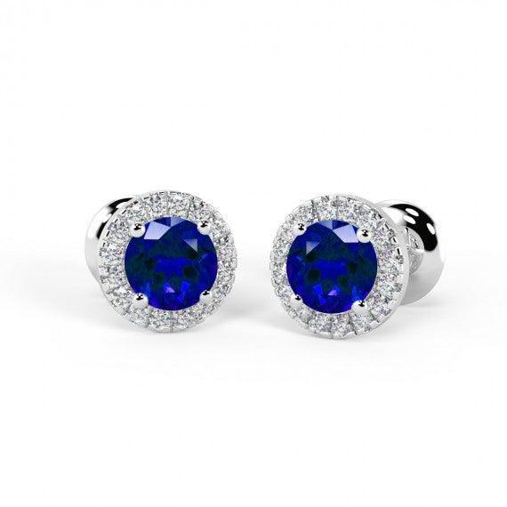 Natural Sapphire & Diamond Halo Set Earrings, White Gold