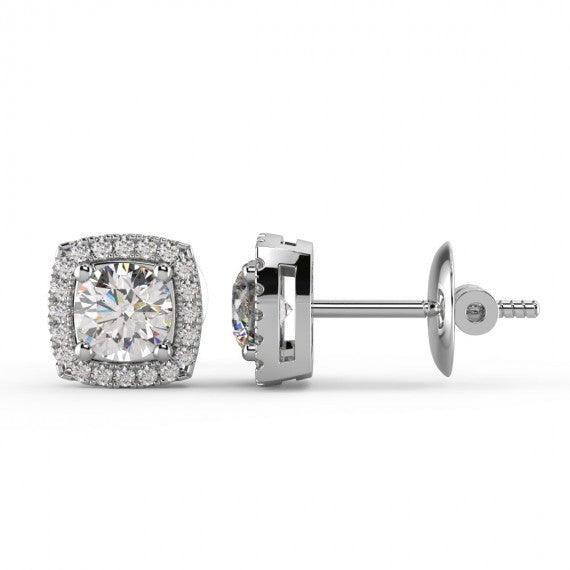 Round Brilliant Halo Diamond Stud Earrings Crafted in 18K White Gold